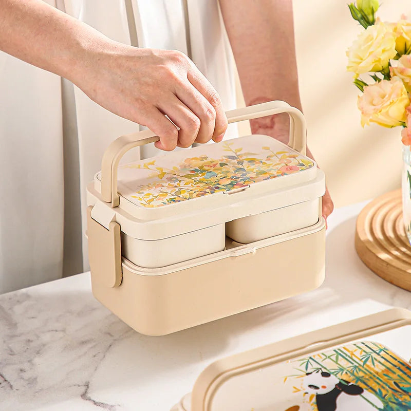 Picnic Panda Lunch Box Double-Layer Bamboo Firbe Kid's Bento Box Microwave Heating Portable Lunch Box Panda Flowers Bento box