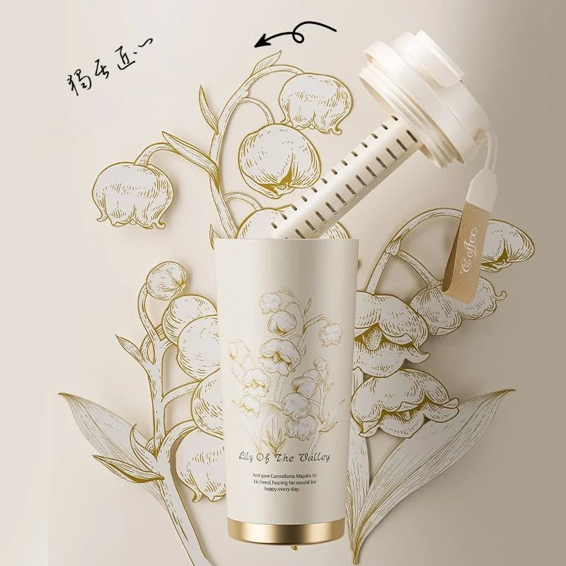 GIANXI Lily Of The Valley Design Travel Portable Leakproof Coffee Cup Stainless Steel Insulated Bottle Cold Cup Handy Cup