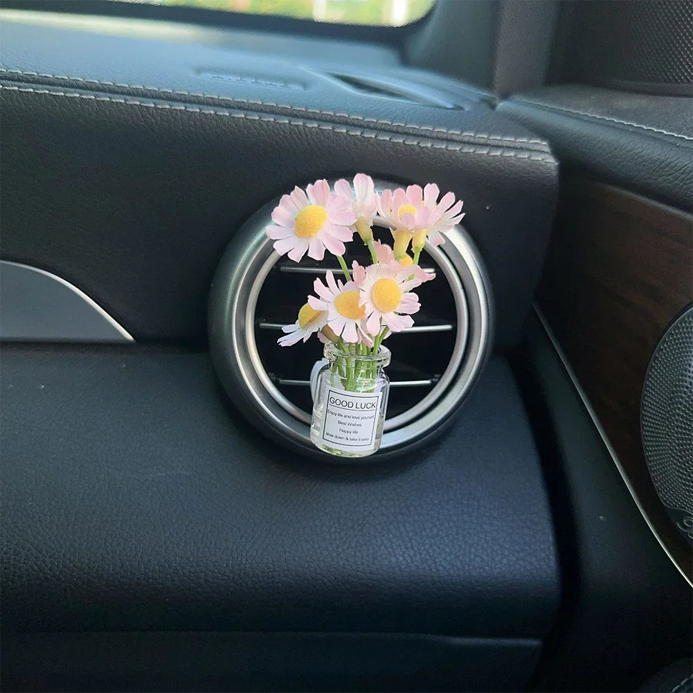 Car Center Console Air Outlet Simulated Flower Clips Ornaments Babysbreath Jasmine Glass Vase Ornaments For Girls Decorations