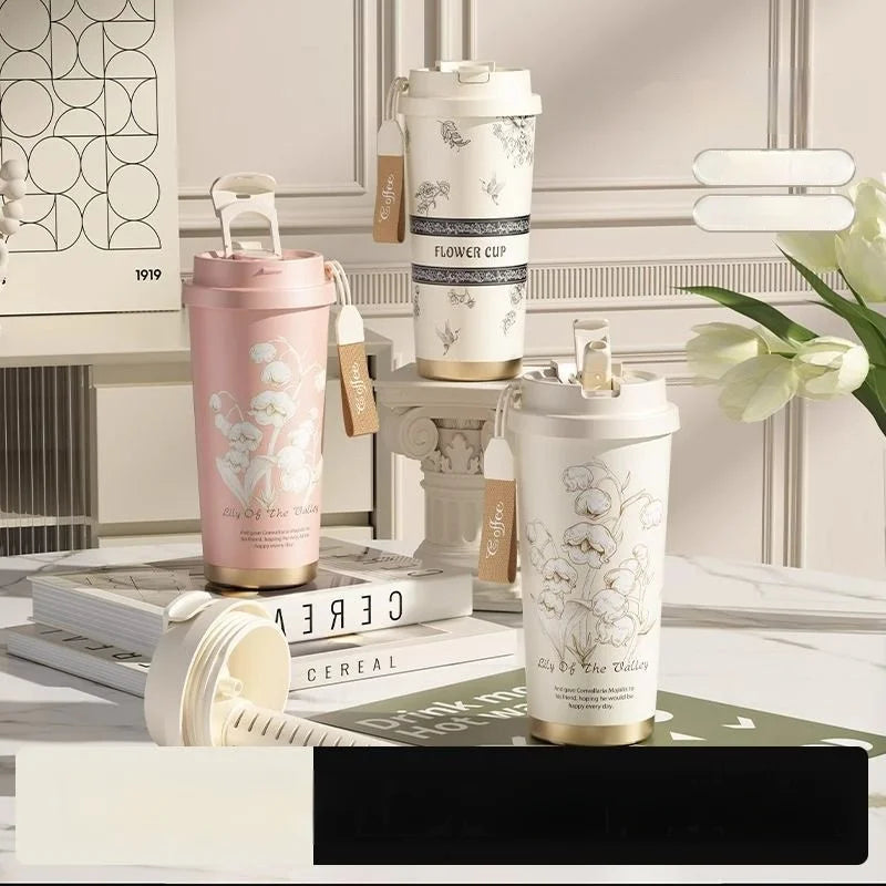 GIANXI Lily Of The Valley Design Travel Portable Leakproof Coffee Cup Stainless Steel Insulated Bottle Cold Cup Handy Cup
