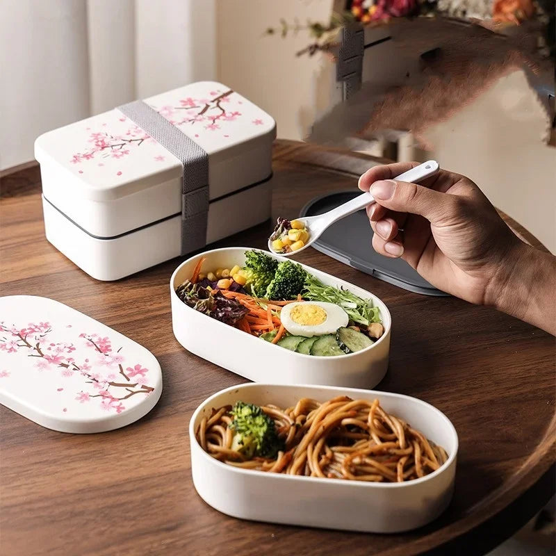 Japanese Cherry Blossom Lunch Box with Tableware Microwave Bento Boxes Soup Cup Portable Student Double-layer Lunch Food Box