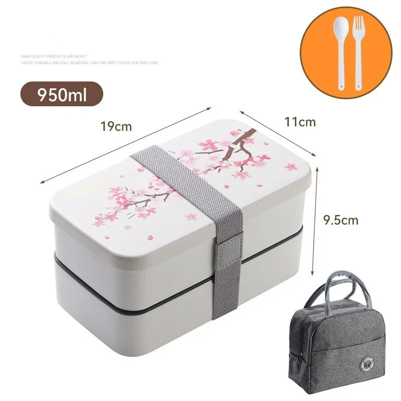 Japanese Cherry Blossom Lunch Box with Tableware Microwave Bento Boxes Soup Cup Portable Student Double-layer Lunch Food Box