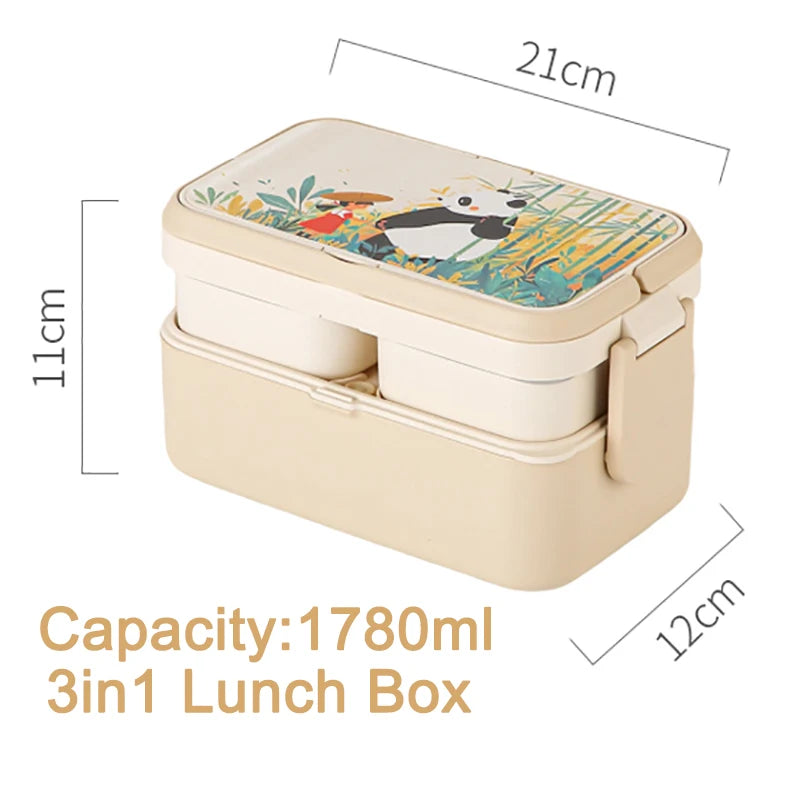 Picnic Panda Lunch Box Double-Layer Bamboo Firbe Kid's Bento Box Microwave Heating Portable Lunch Box Panda Flowers Bento box