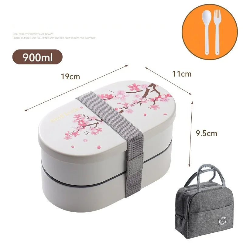 Japanese Cherry Blossom Lunch Box with Tableware Microwave Bento Boxes Soup Cup Portable Student Double-layer Lunch Food Box
