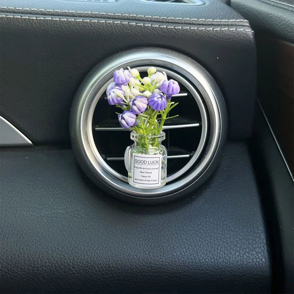 Car Center Console Air Outlet Simulated Flower Clips Ornaments Babysbreath Jasmine Glass Vase Ornaments For Girls Decorations