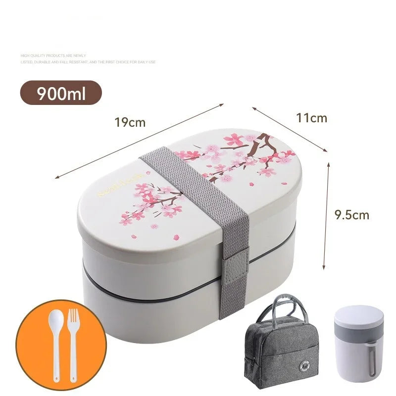 Japanese Cherry Blossom Lunch Box with Tableware Microwave Bento Boxes Soup Cup Portable Student Double-layer Lunch Food Box