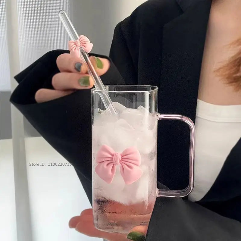 Transparent Square Glass Cup With Handle Pink Green Bow Straw Cups With Lids Heat Resistant Milk Coffee Drinks Mug Cute Gifts