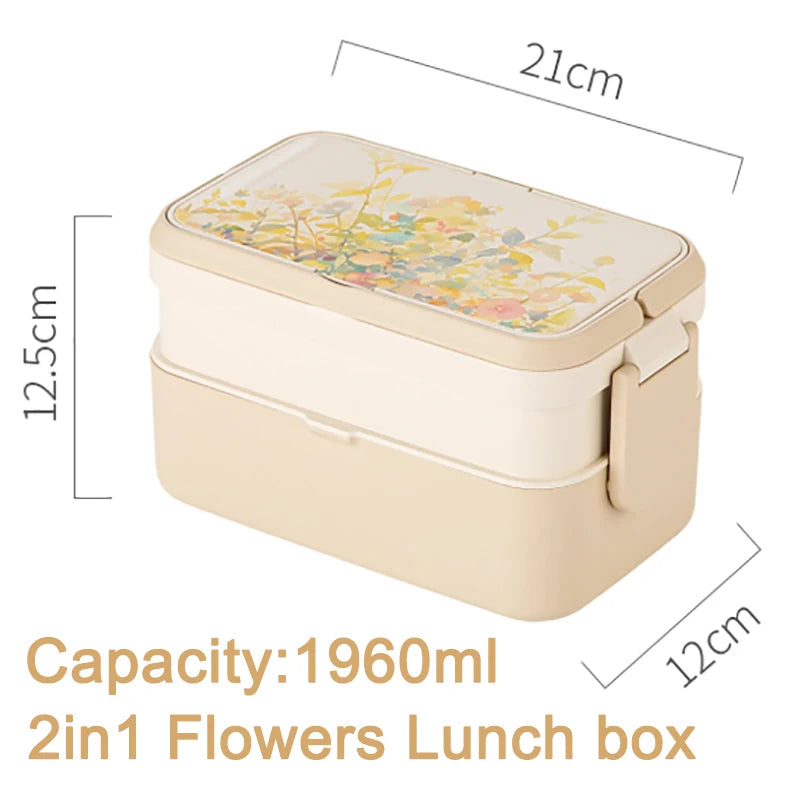 Picnic Panda Lunch Box Double-Layer Bamboo Firbe Kid's Bento Box Microwave Heating Portable Lunch Box Panda Flowers Bento box