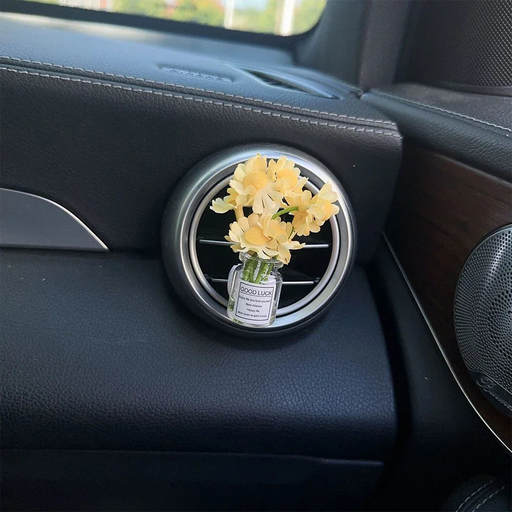 Car Center Console Air Outlet Simulated Flower Clips Ornaments Babysbreath Jasmine Glass Vase Ornaments For Girls Decorations