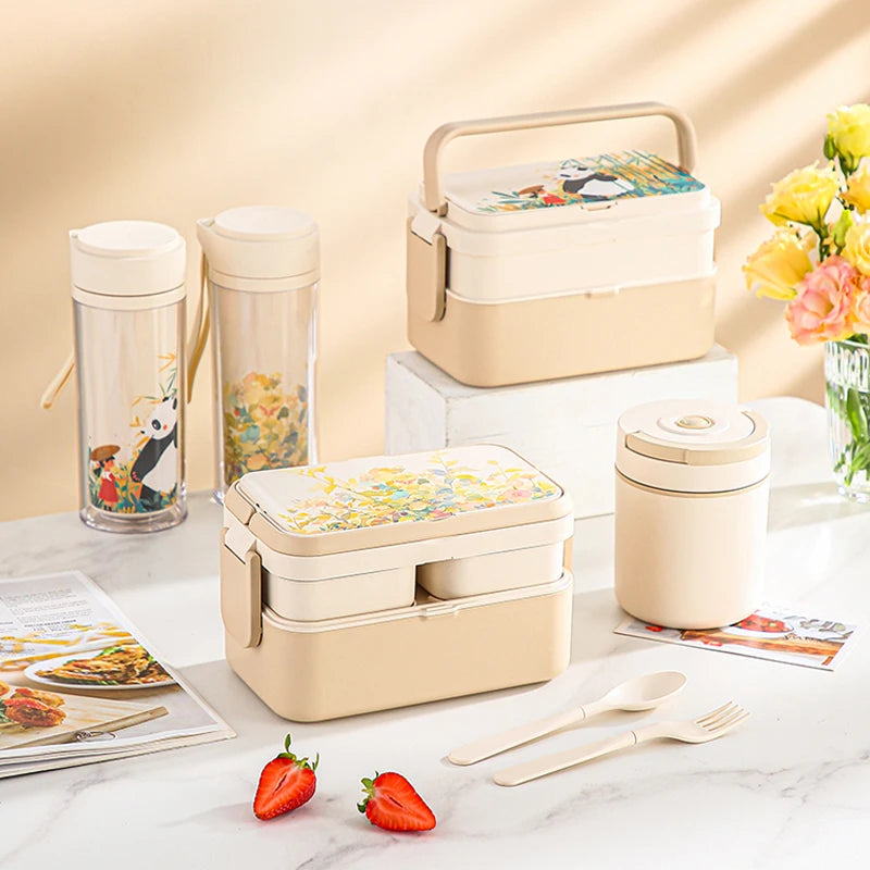 Picnic Panda Lunch Box Double-Layer Bamboo Firbe Kid's Bento Box Microwave Heating Portable Lunch Box Panda Flowers Bento box