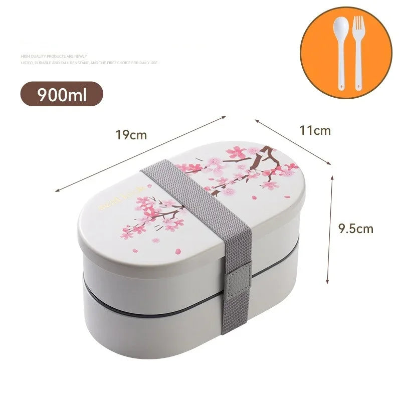 Japanese Cherry Blossom Lunch Box with Tableware Microwave Bento Boxes Soup Cup Portable Student Double-layer Lunch Food Box