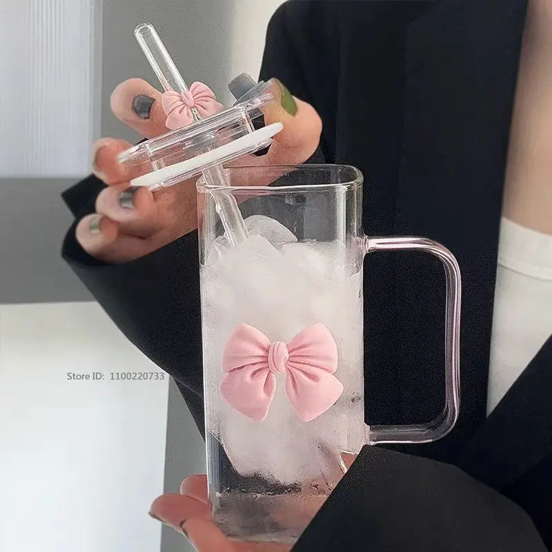 Transparent Square Glass Cup With Handle Pink Green Bow Straw Cups With Lids Heat Resistant Milk Coffee Drinks Mug Cute Gifts