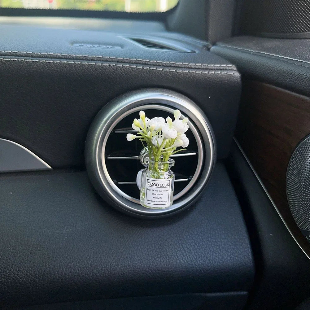 Car Center Console Air Outlet Simulated Flower Clips Ornaments Babysbreath Jasmine Glass Vase Ornaments For Girls Decorations