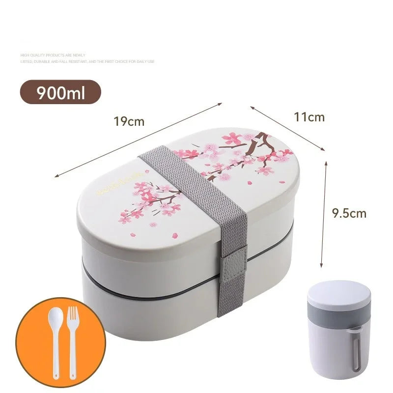 Japanese Cherry Blossom Lunch Box with Tableware Microwave Bento Boxes Soup Cup Portable Student Double-layer Lunch Food Box