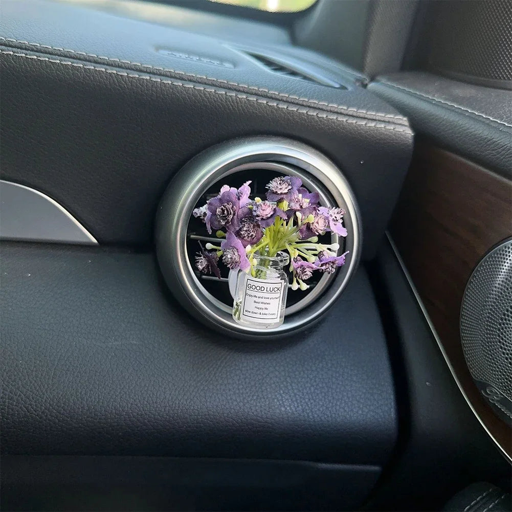 Car Center Console Air Outlet Simulated Flower Clips Ornaments Babysbreath Jasmine Glass Vase Ornaments For Girls Decorations