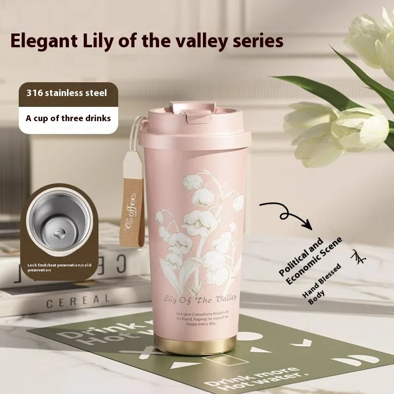 GIANXI Lily Of The Valley Design Travel Portable Leakproof Coffee Cup Stainless Steel Insulated Bottle Cold Cup Handy Cup