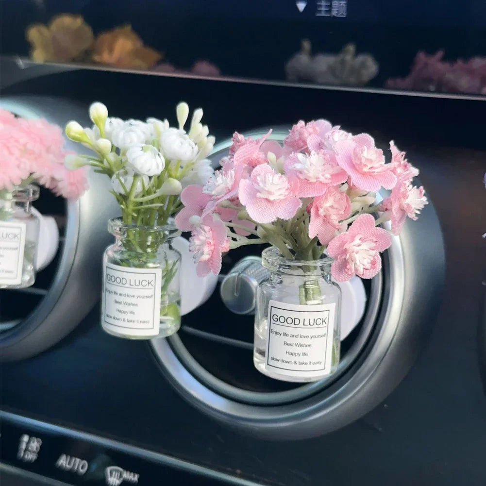 Car Center Console Air Outlet Simulated Flower Clips Ornaments Babysbreath Jasmine Glass Vase Ornaments For Girls Decorations