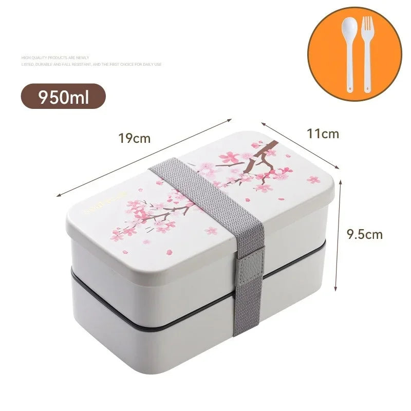 Japanese Cherry Blossom Lunch Box with Tableware Microwave Bento Boxes Soup Cup Portable Student Double-layer Lunch Food Box