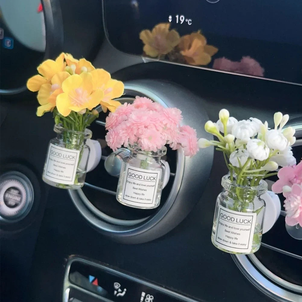 Car Center Console Air Outlet Simulated Flower Clips Ornaments Babysbreath Jasmine Glass Vase Ornaments For Girls Decorations