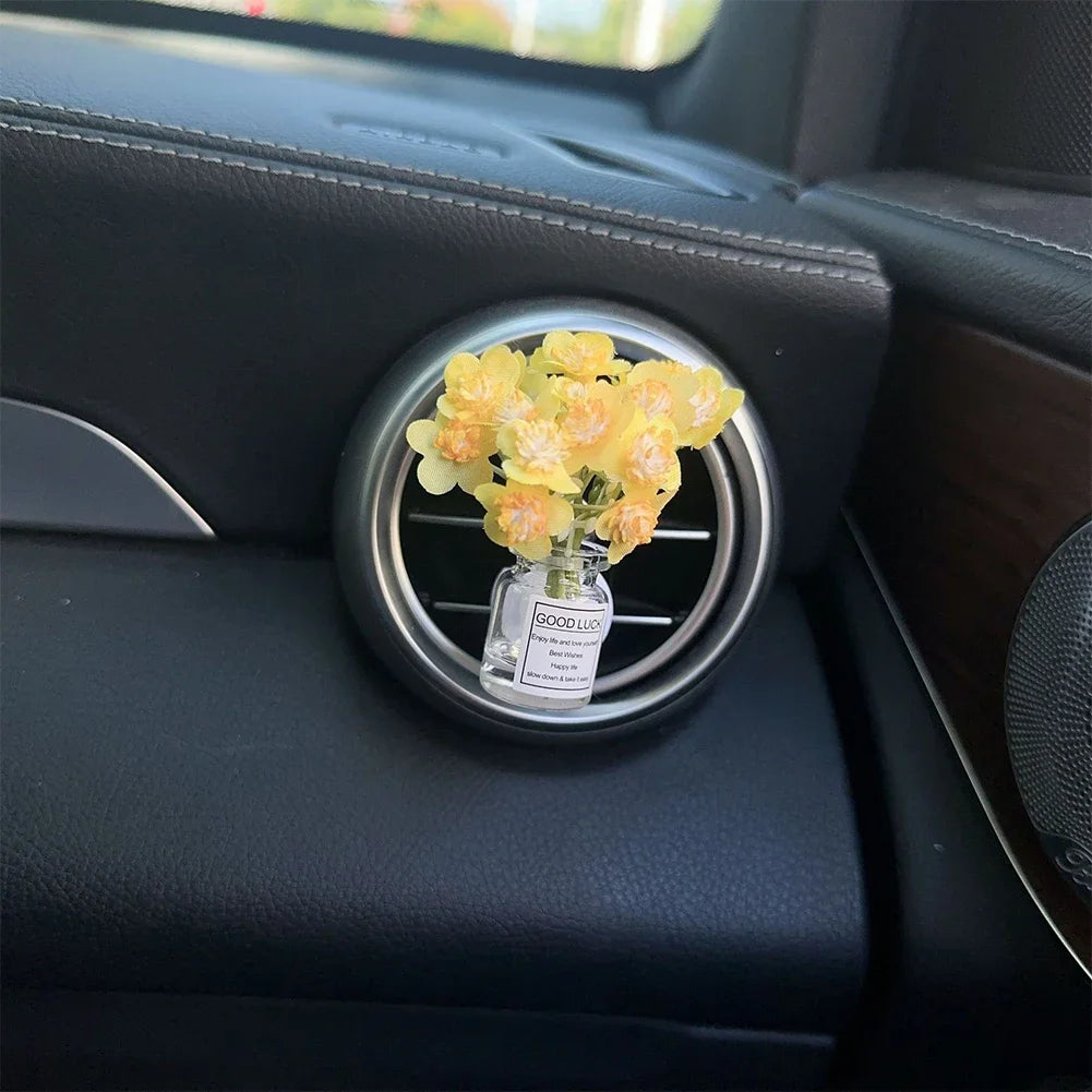 Car Center Console Air Outlet Simulated Flower Clips Ornaments Babysbreath Jasmine Glass Vase Ornaments For Girls Decorations