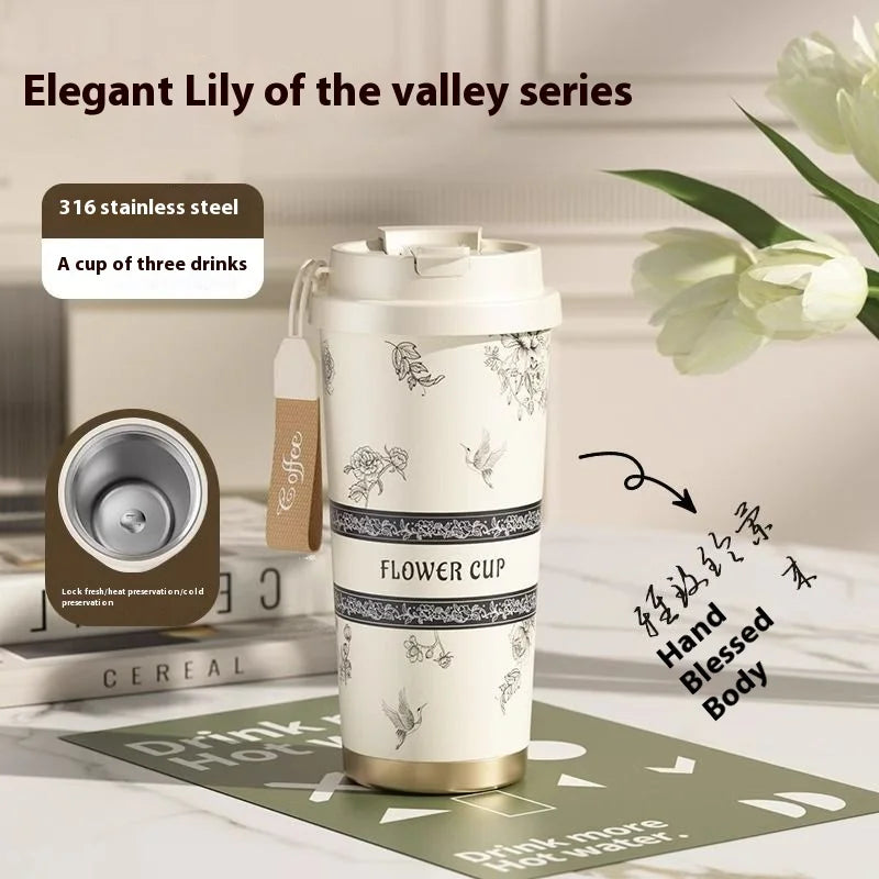 GIANXI Lily Of The Valley Design Travel Portable Leakproof Coffee Cup Stainless Steel Insulated Bottle Cold Cup Handy Cup