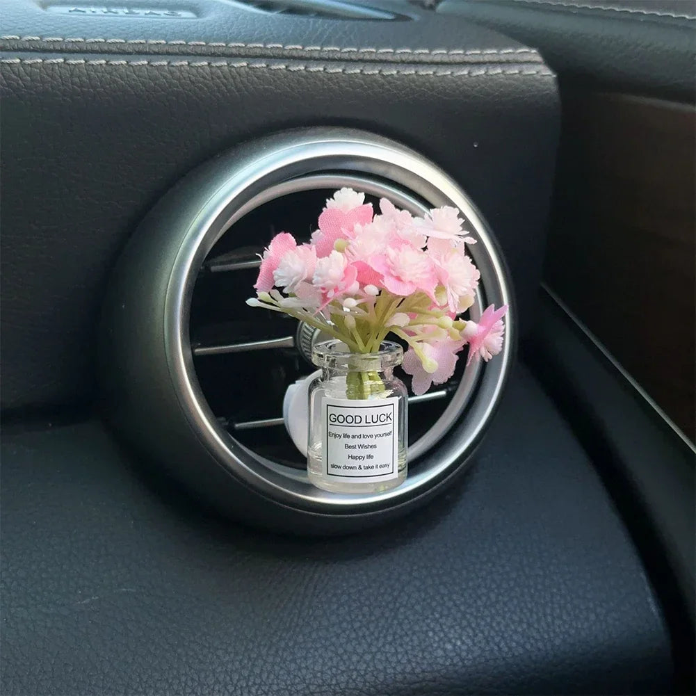 Car Center Console Air Outlet Simulated Flower Clips Ornaments Babysbreath Jasmine Glass Vase Ornaments For Girls Decorations