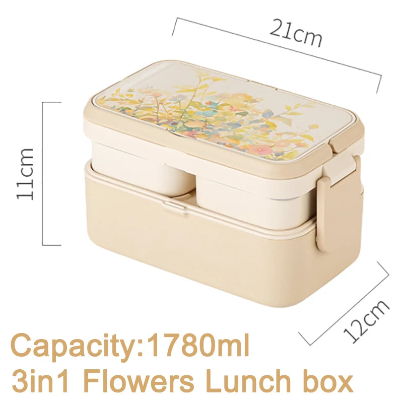 Picnic Panda Lunch Box Double-Layer Bamboo Firbe Kid's Bento Box Microwave Heating Portable Lunch Box Panda Flowers Bento box