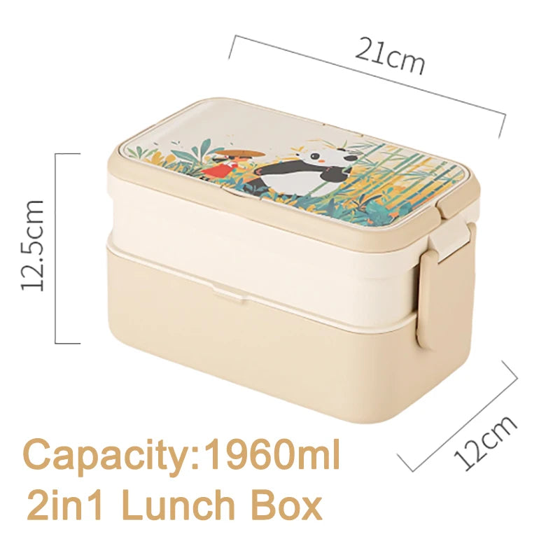 Picnic Panda Lunch Box Double-Layer Bamboo Firbe Kid's Bento Box Microwave Heating Portable Lunch Box Panda Flowers Bento box