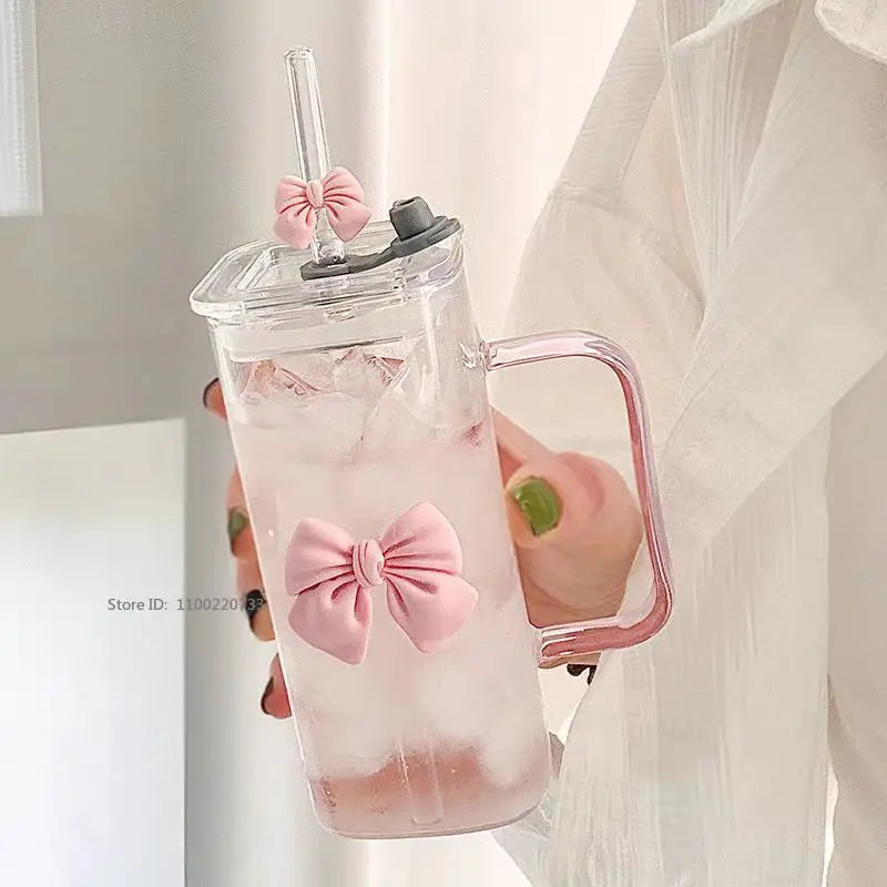 Transparent Square Glass Cup With Handle Pink Green Bow Straw Cups With Lids Heat Resistant Milk Coffee Drinks Mug Cute Gifts