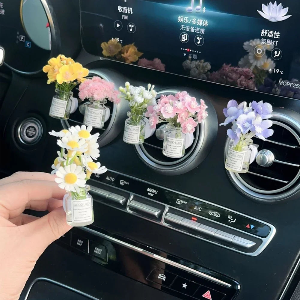 Car Center Console Air Outlet Simulated Flower Clips Ornaments Babysbreath Jasmine Glass Vase Ornaments For Girls Decorations