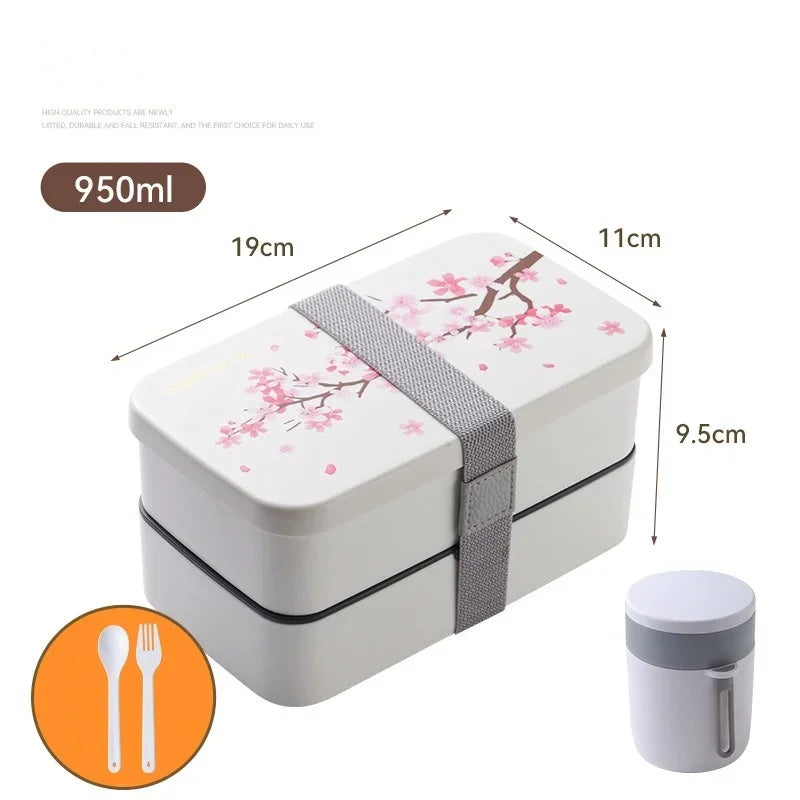 Japanese Cherry Blossom Lunch Box with Tableware Microwave Bento Boxes Soup Cup Portable Student Double-layer Lunch Food Box