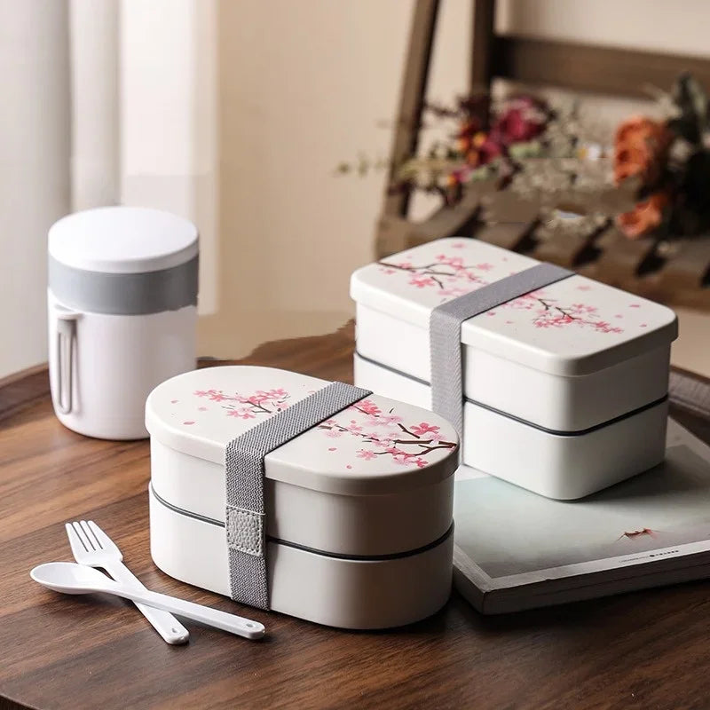 Japanese Cherry Blossom Lunch Box with Tableware Microwave Bento Boxes Soup Cup Portable Student Double-layer Lunch Food Box