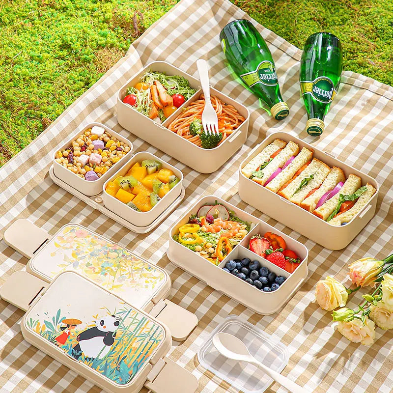 Picnic Panda Lunch Box Double-Layer Bamboo Firbe Kid's Bento Box Microwave Heating Portable Lunch Box Panda Flowers Bento box