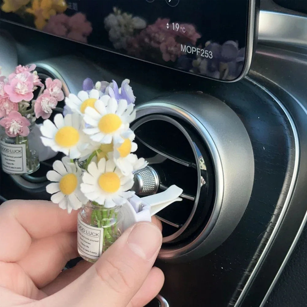 Car Center Console Air Outlet Simulated Flower Clips Ornaments Babysbreath Jasmine Glass Vase Ornaments For Girls Decorations