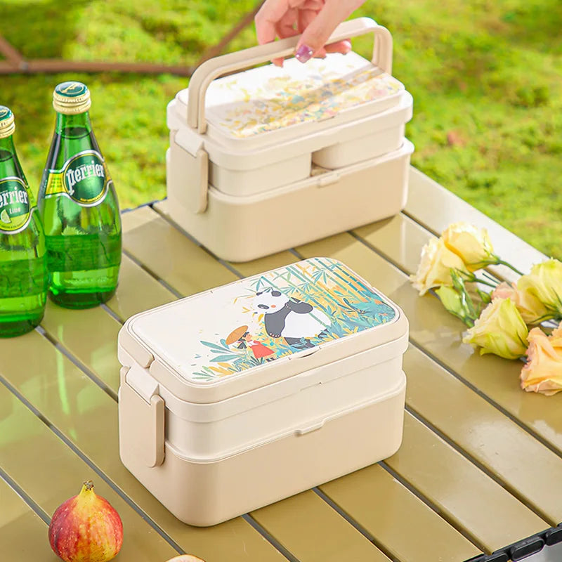 Picnic Panda Lunch Box Double-Layer Bamboo Firbe Kid's Bento Box Microwave Heating Portable Lunch Box Panda Flowers Bento box