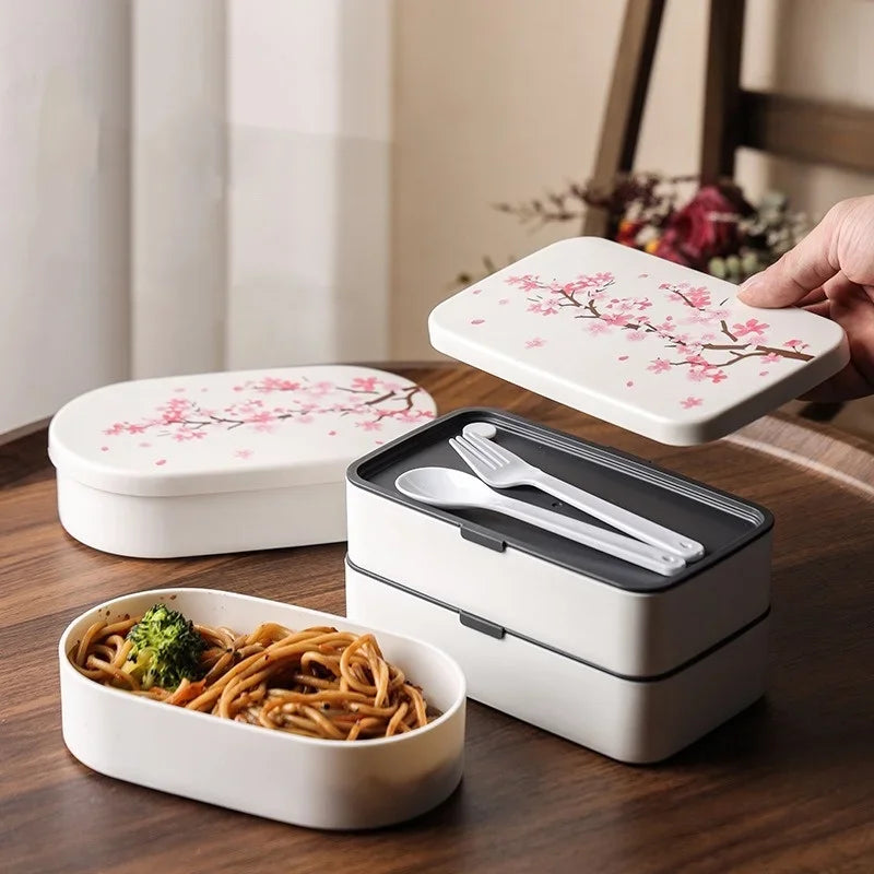 Japanese Cherry Blossom Lunch Box with Tableware Microwave Bento Boxes Soup Cup Portable Student Double-layer Lunch Food Box